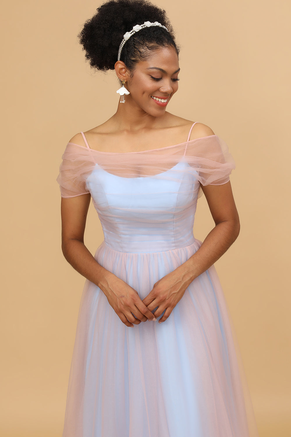 Escote A Espagueti Correas Tul Vestido Largo de Dama de Honor