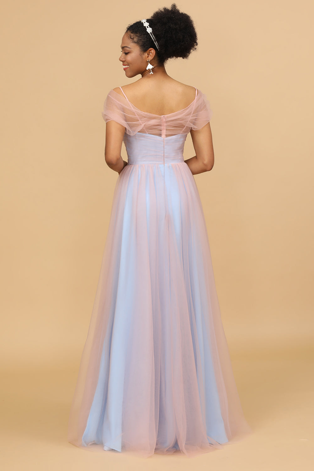 Escote A Espagueti Correas Tul Vestido Largo de Dama de Honor