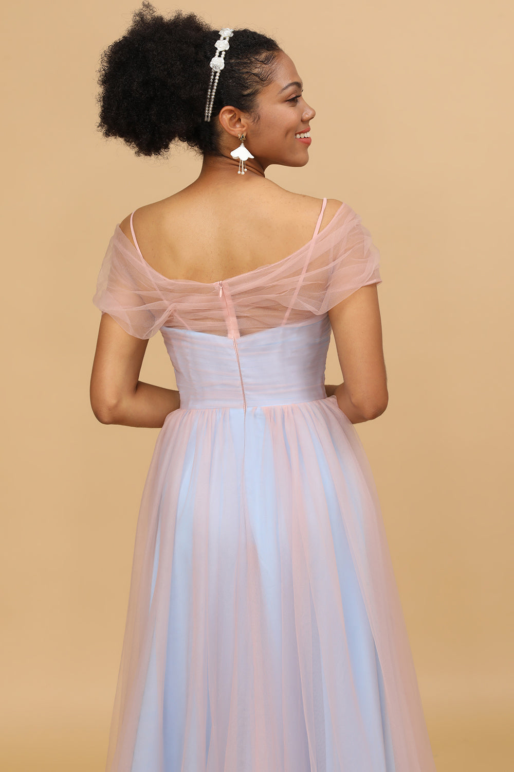 Escote A Espagueti Correas Tul Vestido Largo de Dama de Honor