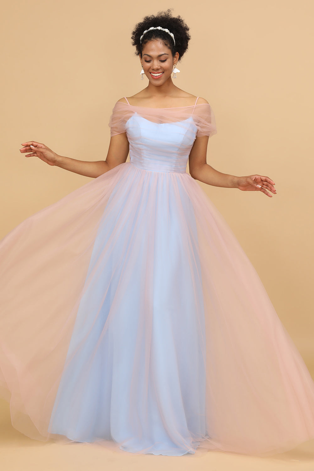 Escote A Espagueti Correas Tul Vestido Largo de Dama de Honor