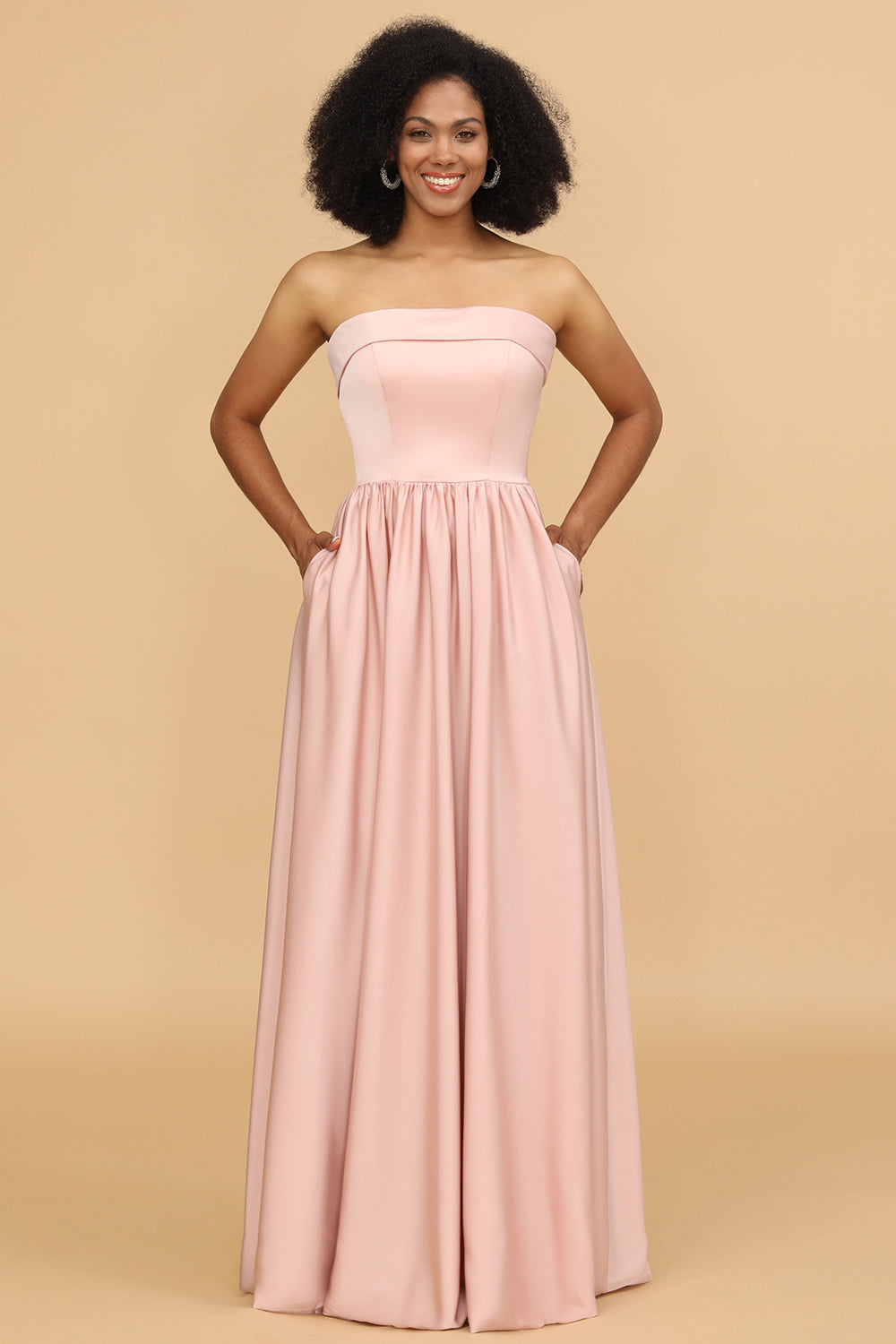 Escote A Rosa Satén Vestido largo de dama de honor