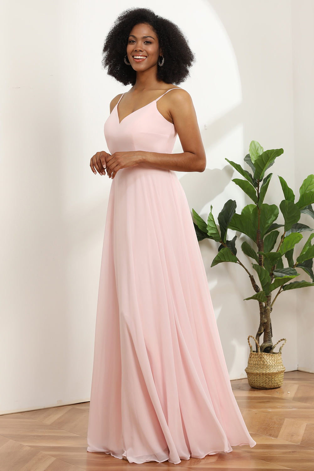 Escote A Espagueti Correas Rosa Chifón Vestido de Dama de Honor