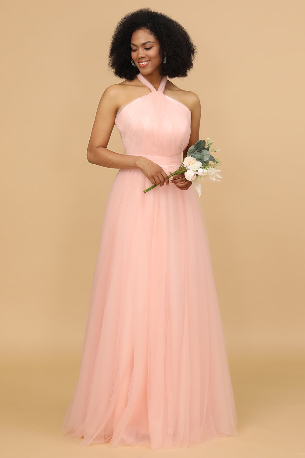 Escote A Halter Rosa Vestido largo de dama de honor