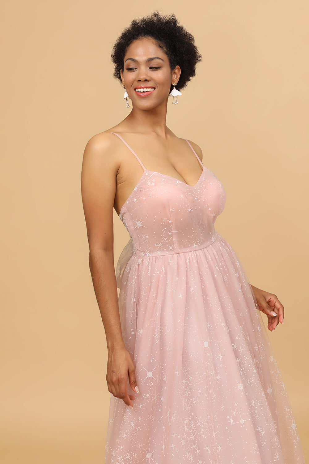 Escote A Tirantes de Espagueti Rosa Vestido de Dama de Honor
