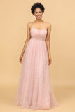 Escote A Tirantes de Espagueti Rosa Vestido de Dama de Honor