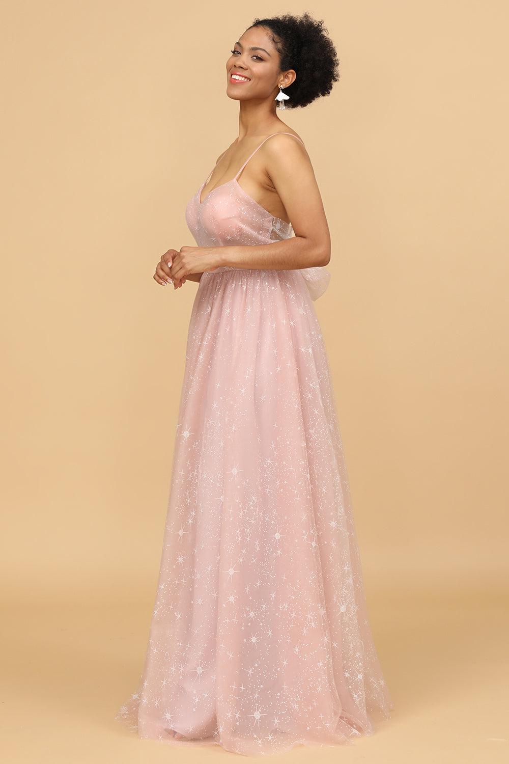 Escote A Tirantes de Espagueti Rosa Vestido de Dama de Honor