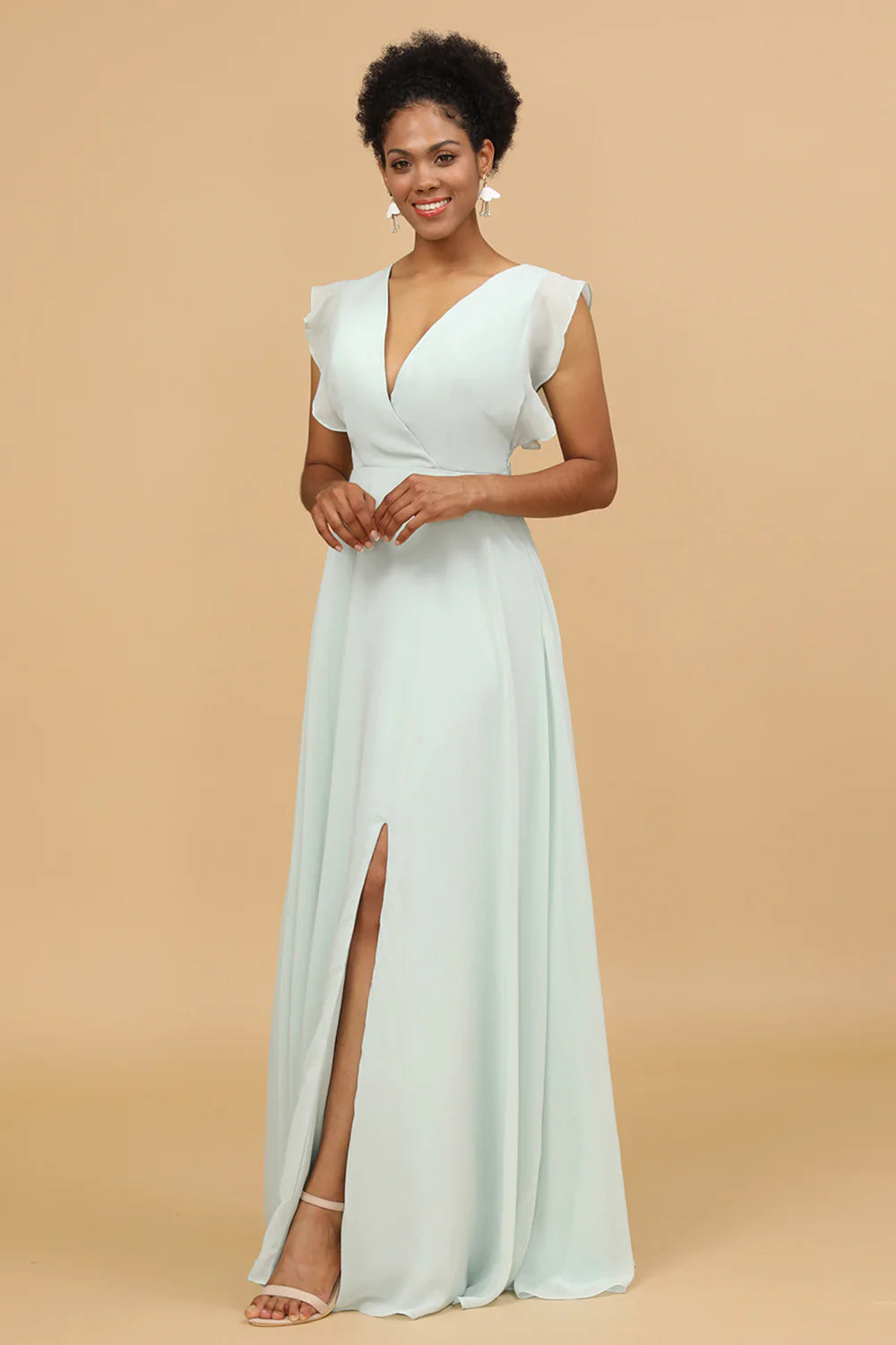 Vestido de Dama de Honor Cuello en V Menta