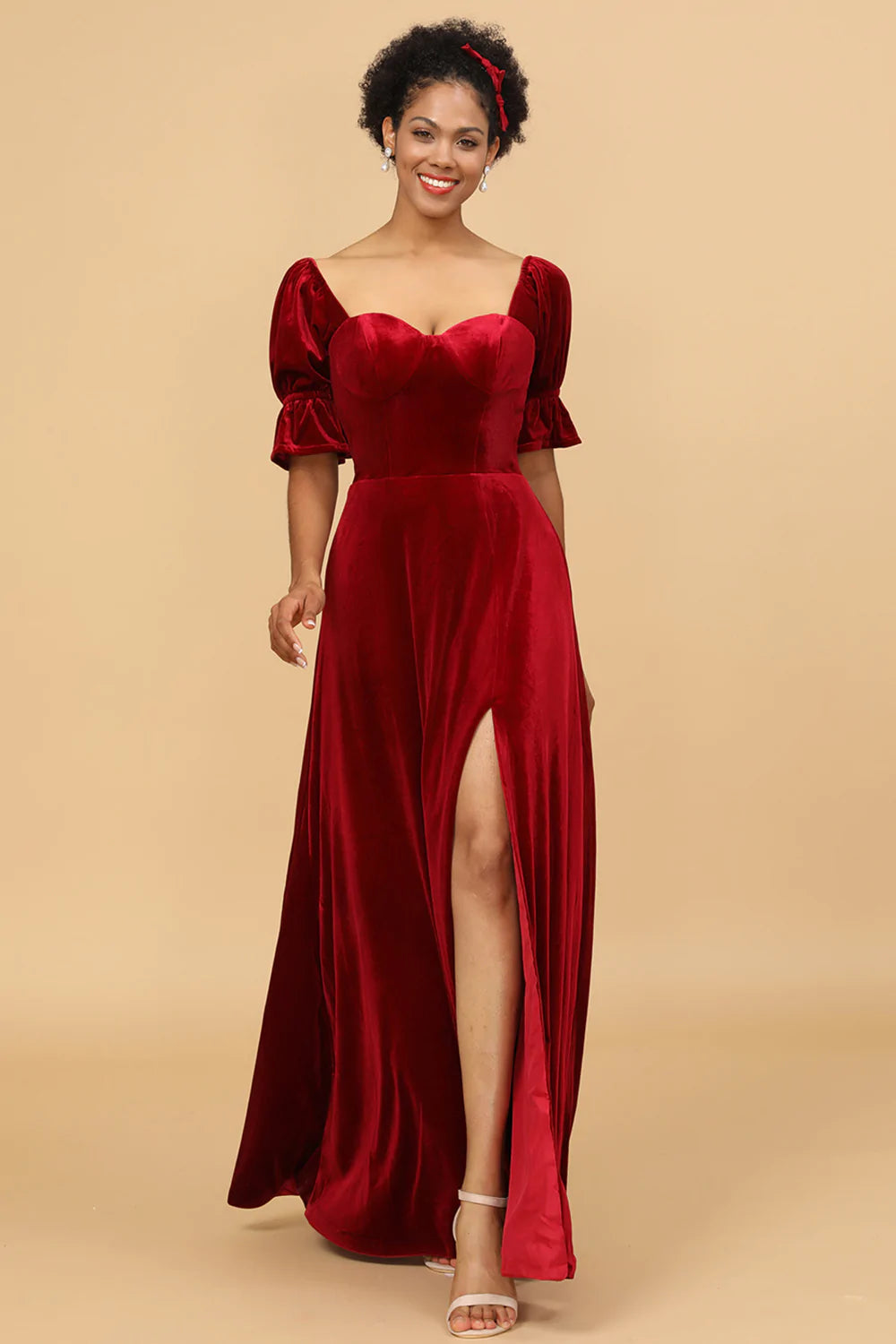 Vestido de Dama de Honor Media Manga Terciopelo Rojo