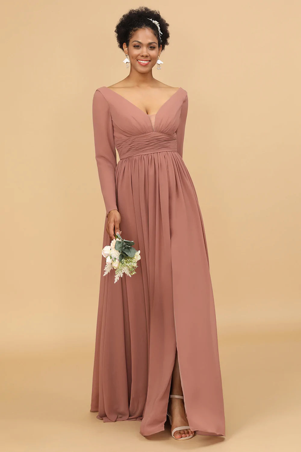 Rosa Cuello en V Mangas Largas Vestido de Dama de Honor