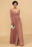 Rosa Cuello en V Mangas Largas Vestido de Dama de Honor