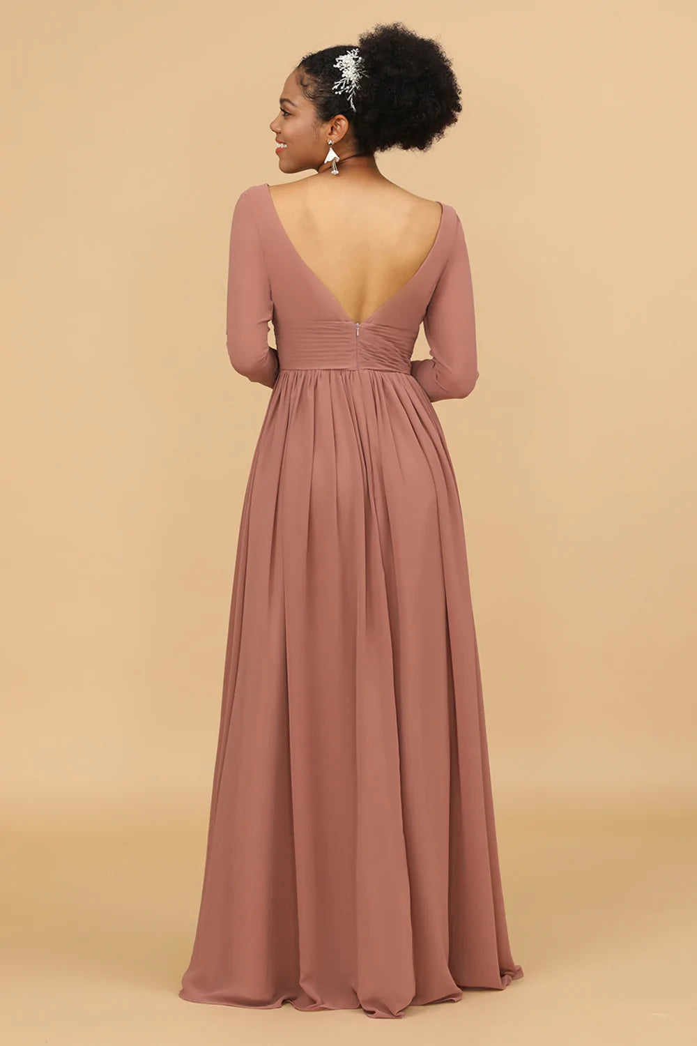 Rosa Cuello en V Mangas Largas Vestido de Dama de Honor