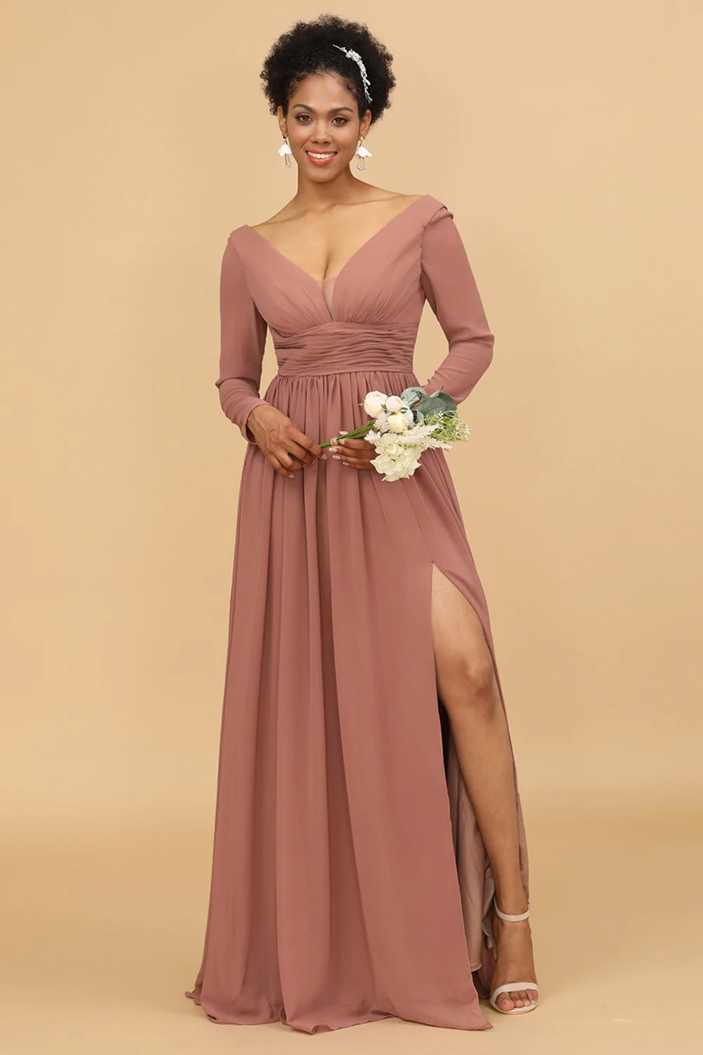 Rosa Cuello en V Mangas Largas Vestido de Dama de Honor