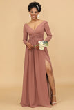 Rosa Cuello en V Mangas Largas Vestido de Dama de Honor