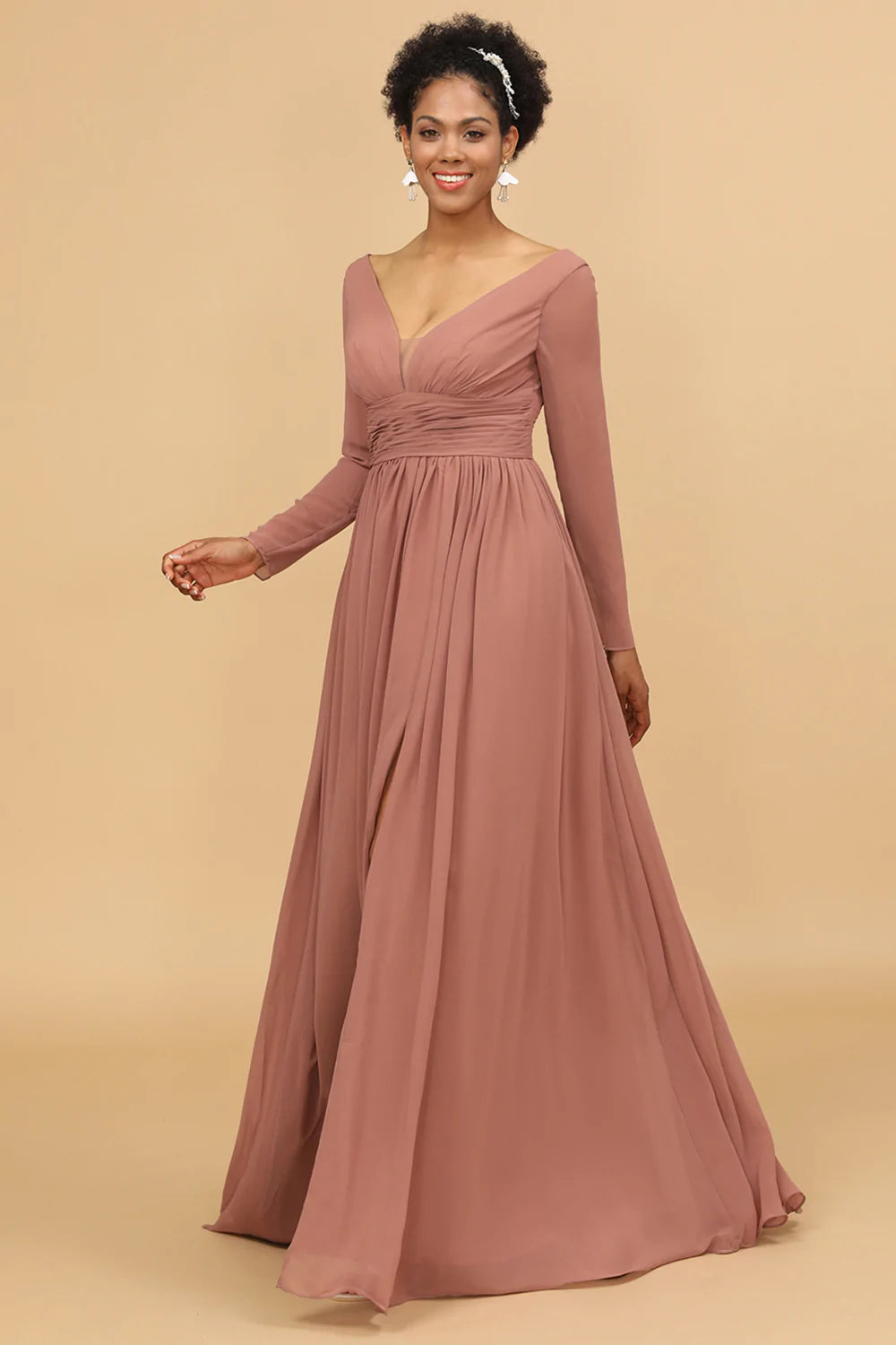 Rosa Cuello en V Mangas Largas Vestido de Dama de Honor