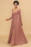 Rosa Cuello en V Mangas Largas Vestido de Dama de Honor
