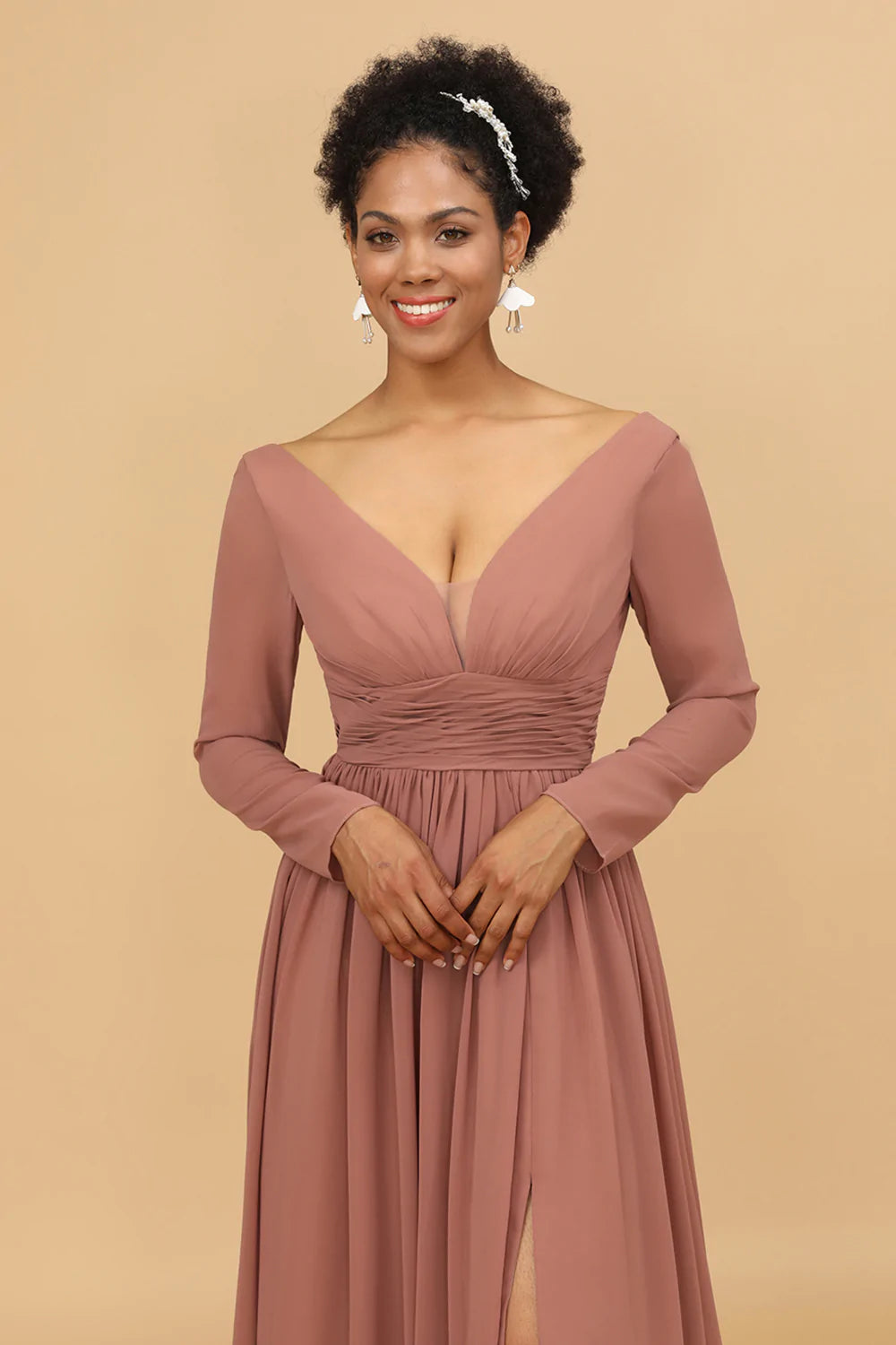 Rosa Cuello en V Mangas Largas Vestido de Dama de Honor