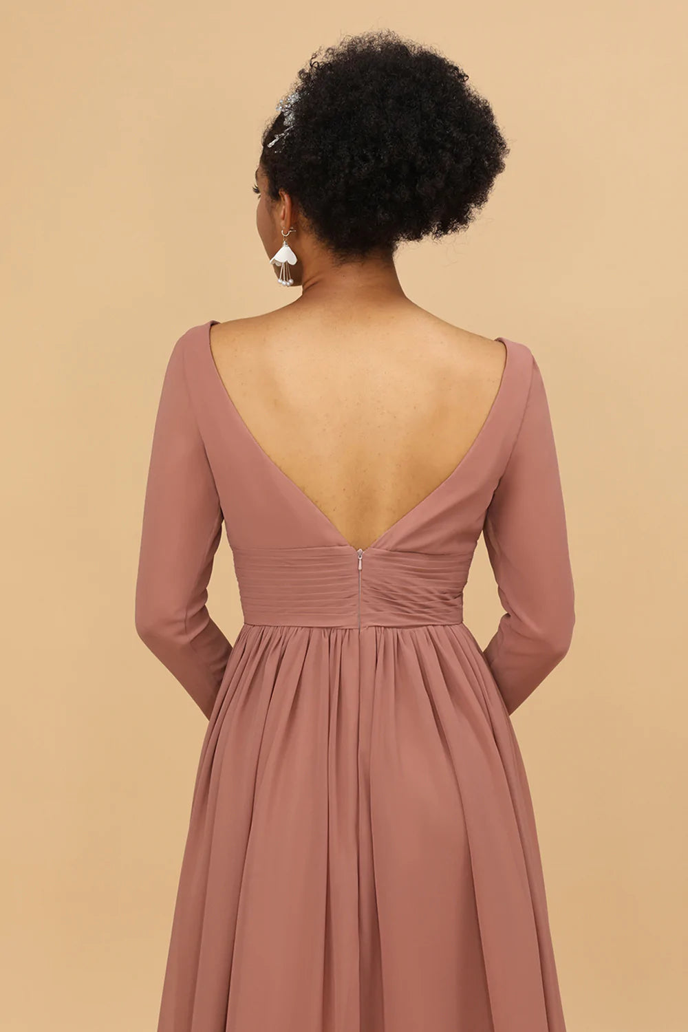 Rosa Cuello en V Mangas Largas Vestido de Dama de Honor