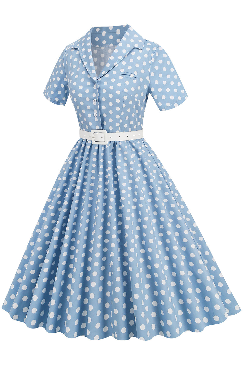 Cuello en V Azul Lunares 1950s Vestido