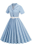 Cuello en V Azul Lunares 1950s Vestido