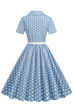 Cuello en V Azul Lunares 1950s Vestido