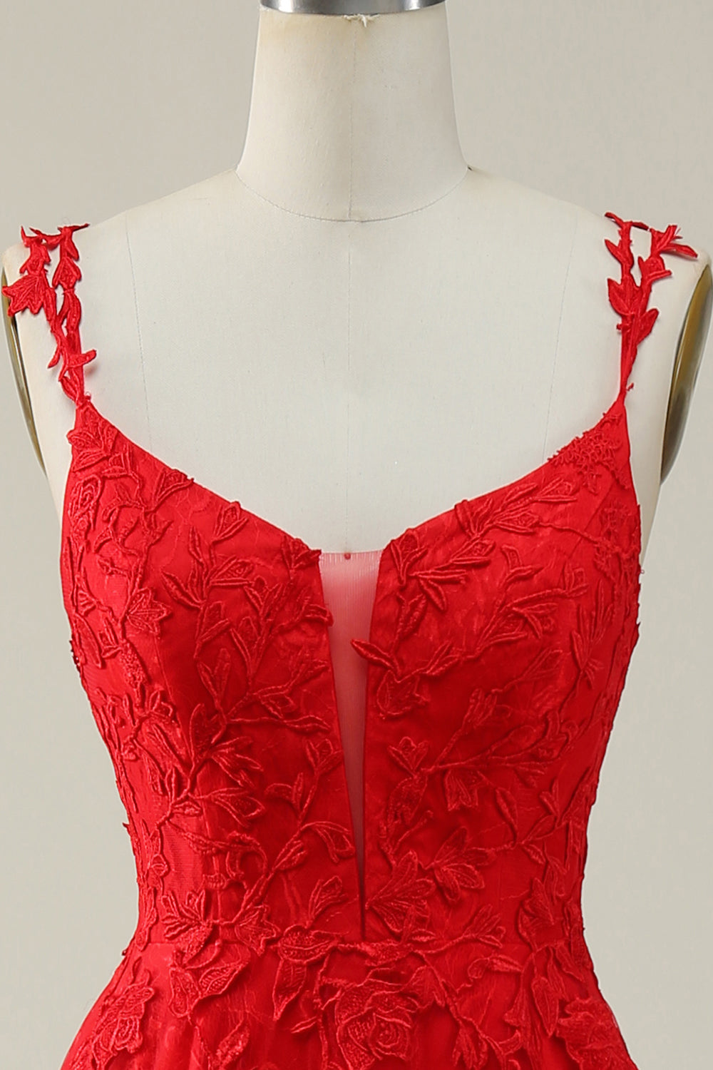 A Línea Correas de Espagueti Rojo Vestido de Graduación Con Apliques