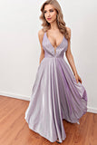 Vestido largo de baile lila deep V neck con correas cruzadas