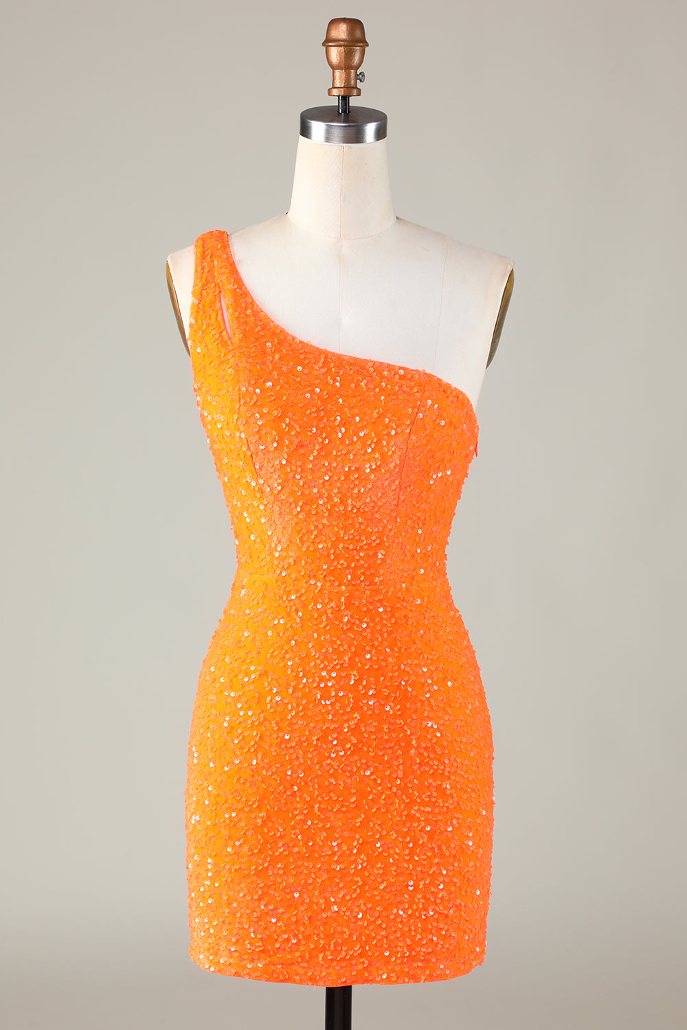 Lentejuelas Un Hombro Naranja Vestido Corto