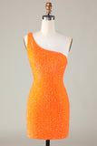 Lentejuelas Un Hombro Naranja Vestido Corto