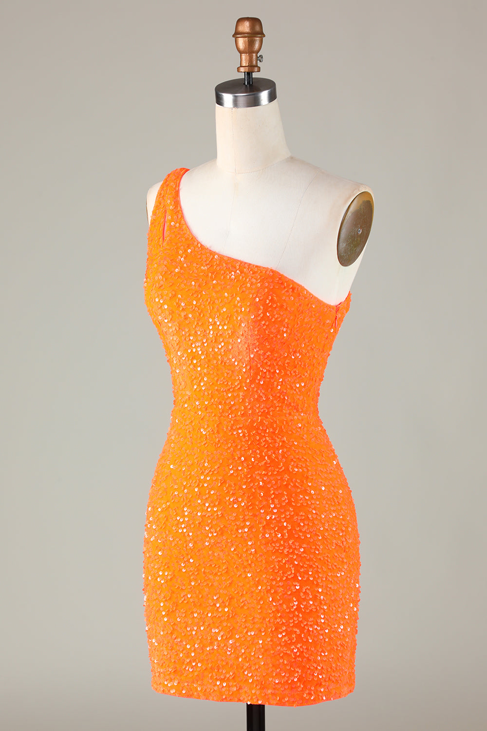 Lentejuelas Un Hombro Naranja Vestido Corto