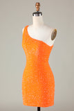 Lentejuelas Un Hombro Naranja Vestido Corto