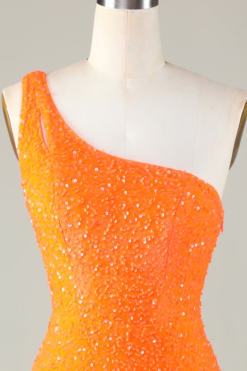 Lentejuelas Un Hombro Naranja Vestido Corto