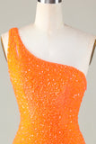 Lentejuelas Un Hombro Naranja Vestido Corto