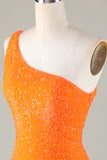 Lentejuelas Un Hombro Naranja Vestido Corto