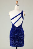 Lentejuelas Un Hombro Azul Real Vestido Corto