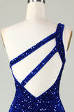 Lentejuelas Un Hombro Azul Real Vestido Corto
