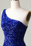 Lentejuelas Un Hombro Azul Real Vestido Corto