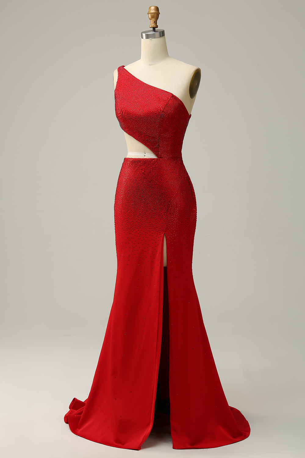 Sirena Un Hombro Rojo Vestido de Fiesta Con Abalorios