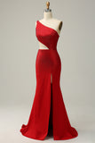 Sirena Un Hombro Rojo Vestido de Fiesta Con Abalorios