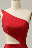 Sirena Un Hombro Rojo Vestido de Fiesta Con Abalorios