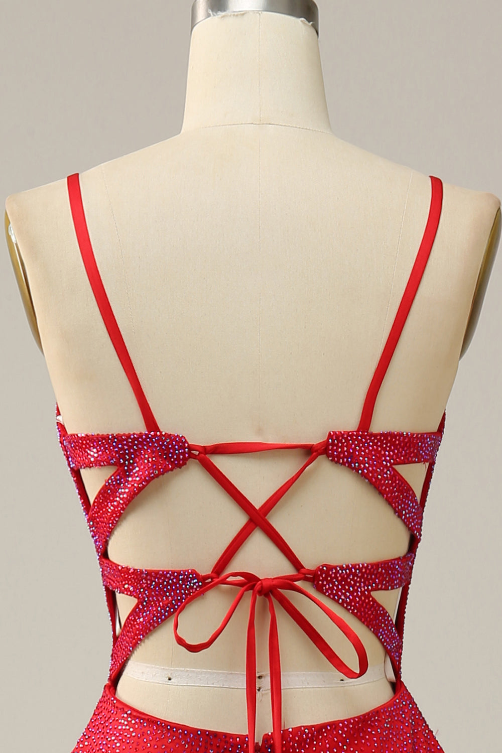A Línea Tirantes de Espagueti Rojo Vestido de Graduación Con Cuentas