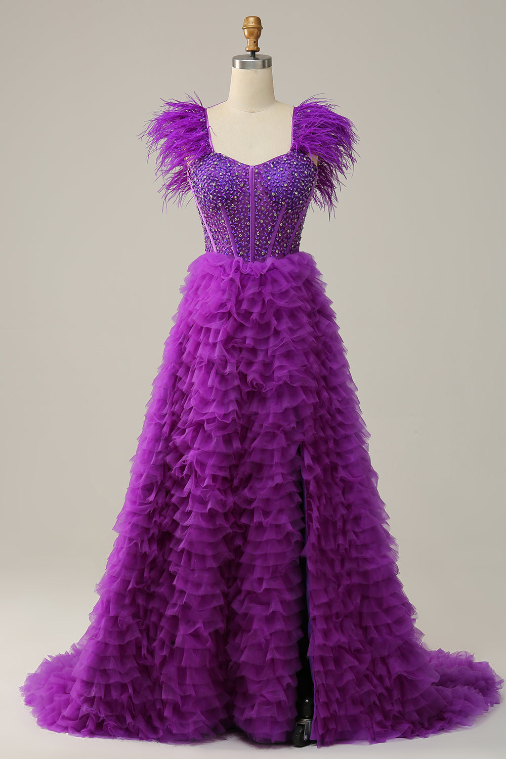 A Línea Escote Corazón Púrpura Vestido de Fiesta Con Plumas Abalorios