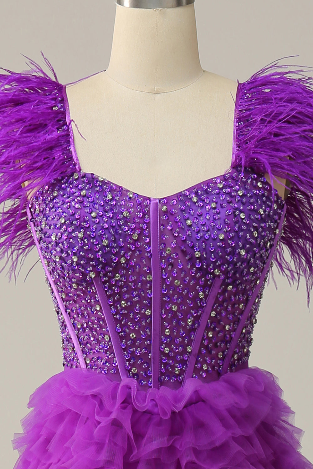 A Línea Escote Corazón Púrpura Vestido de Fiesta Con Plumas Abalorios