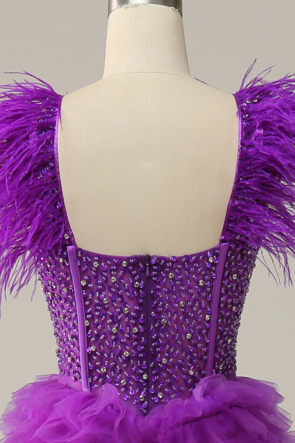 A Línea Escote Corazón Púrpura Vestido de Fiesta Con Plumas Abalorios