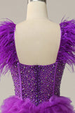 A Línea Escote Corazón Púrpura Vestido de Fiesta Con Plumas Abalorios