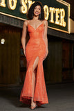 Vestido de fiesta de lentejuelas de lentejuelas de sirena de sirena naranja brillante con abertura
