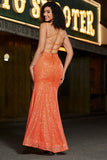 Vestido de fiesta de lentejuelas de lentejuelas de sirena de sirena naranja brillante con abertura