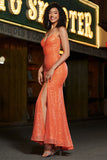 Vestido de fiesta de lentejuelas de lentejuelas de sirena de sirena naranja brillante con abertura