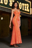 Vestido de fiesta de lentejuelas de lentejuelas de sirena de sirena naranja brillante con abertura