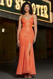 Vestido de fiesta de lentejuelas de lentejuelas de sirena de sirena naranja brillante con abertura