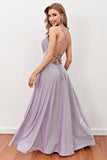 Vestido largo de baile lila deep V neck con correas cruzadas